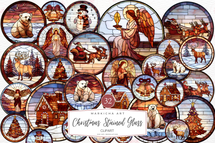 Christmas Stained Glass Clipart 32 Png Bundle