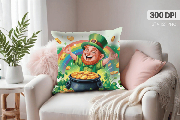 Happy Leprechaun Throwing Gold Coins Pillow PNG Sublimation