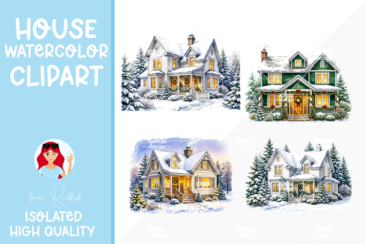 4 Cozy Watercolor House Clipart