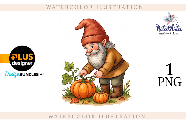 Gnomes with Pumpkin Harvest in Watercolor Style