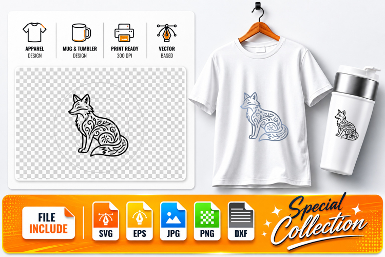 Fox Mandala 2 Zentangle Ornament SVG,EPS,JPG,PNG,DXF
