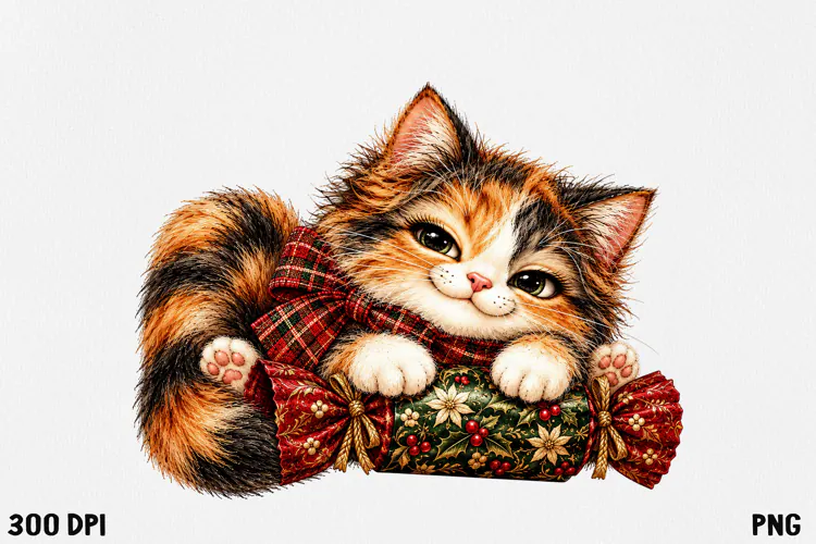 Cute Christmas Cat Clipart PNG | Whimsical Holiday Kitty