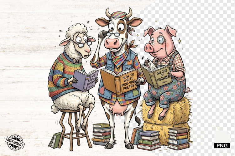 Whimsical Farm Animals Love Reading - Animals Clipart