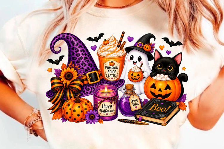 Halloween Pumpkin Spice Witch Hat Ghost T-Shirt Design