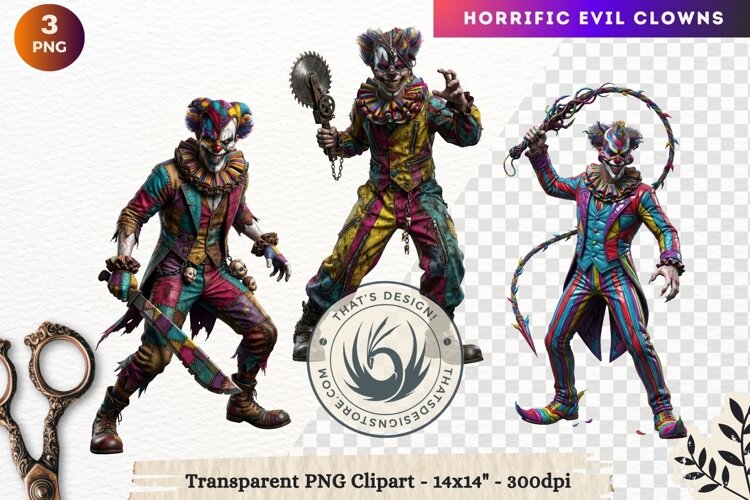 Horrific Evil Clown Clipart - Creepy Circus PNG Graphics example image 1