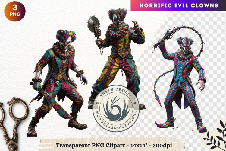 Horrific Evil Clown Clipart - Creepy Circus PNG Graphics