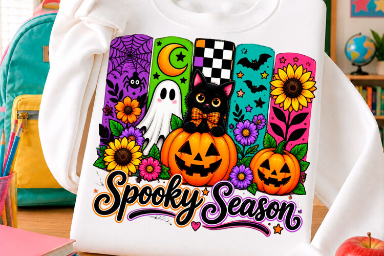 Spooky season pumpkin black cat Halloween t shirt design example image 1