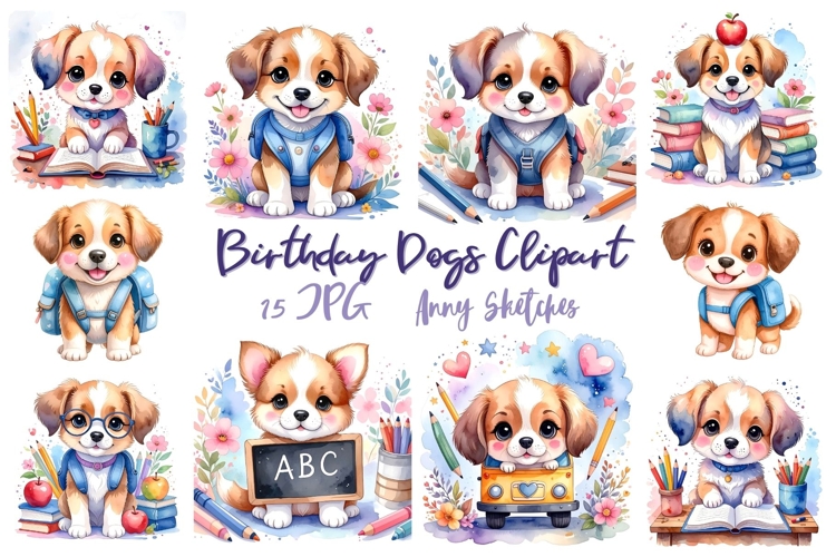 Back to School Puppies Kindergarten Dogs Clipart Bundle JPG