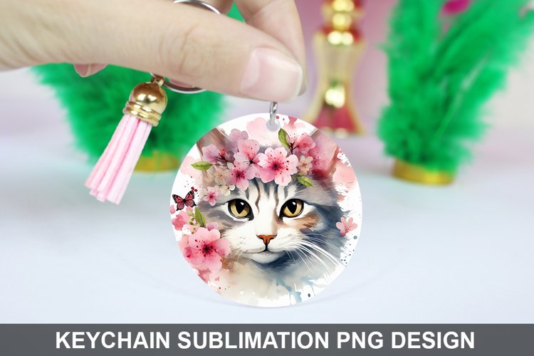 Cat Flowers Keychain Sublimation , Round Keychain PNG