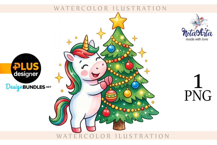 Christmas Unicorn Watercolor Illustration