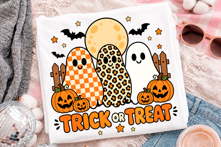 Cute Halloween Ghost Trio With Pumpkins And Trick