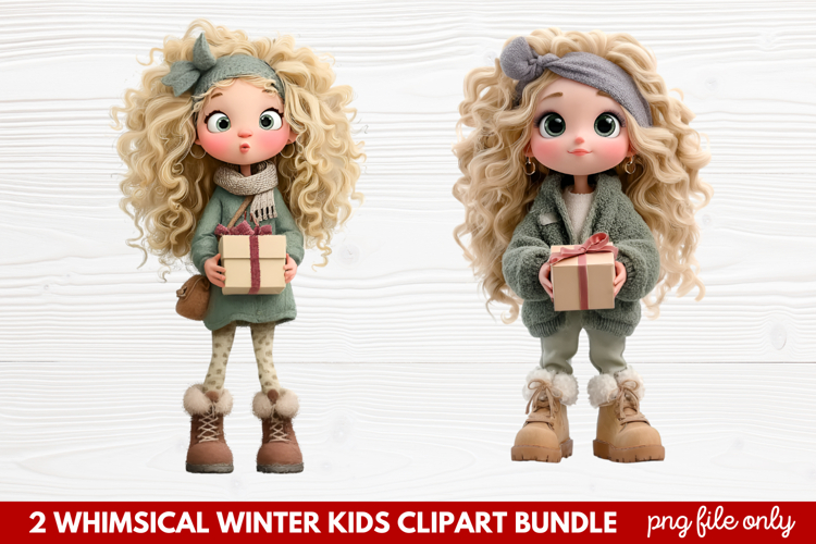 2 Whimsical Winter Kids Clipart | Cute Winter Kids PNG