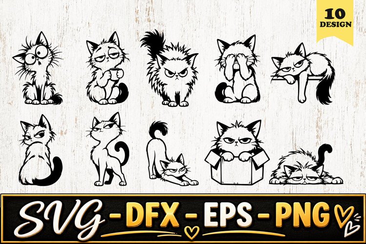 Grumpy Fluffy Cat Expressions SVG PNG example image 1