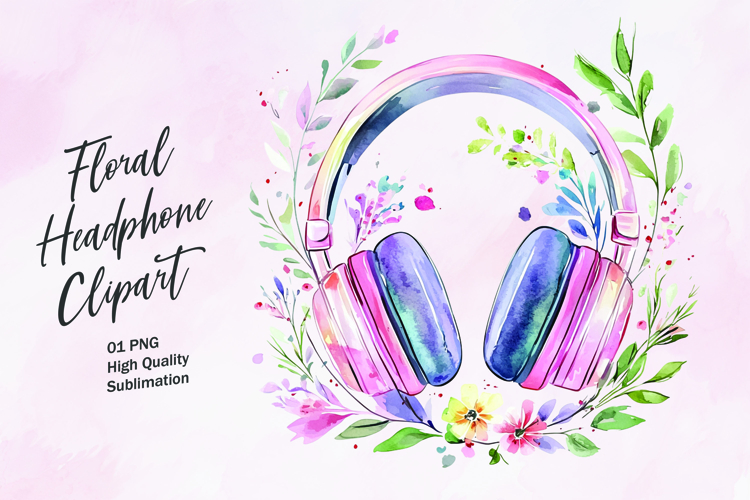 Floral headphone watercolor clipart
