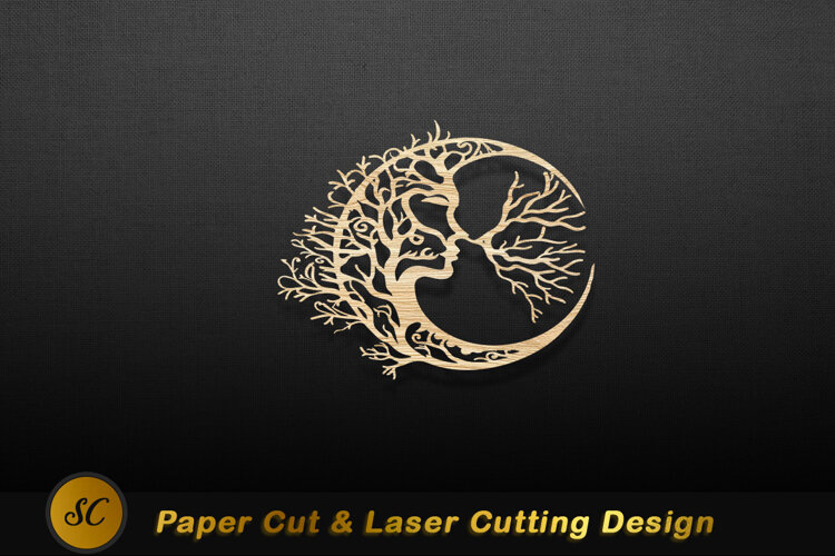 Crescent moon tree face design branches Laser Cut example image 1