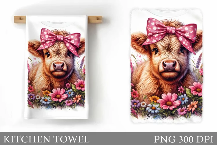 Highland Cow Kitchen Towel. Cow Flowers Kitchen Towel Design