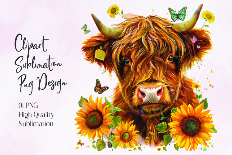 Highland Cow Sunflower Floral Sublimation PNG