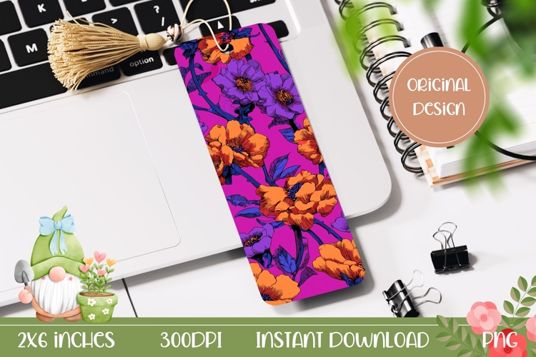 Colorful Flowers Bookmark Print, Purple Bookmark Design