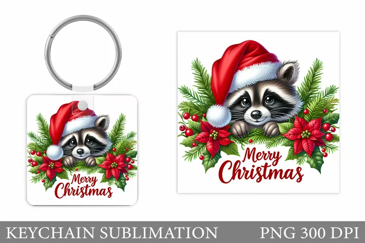 Christmas Raccoon Keychain. Christmas Keychain Sublimation