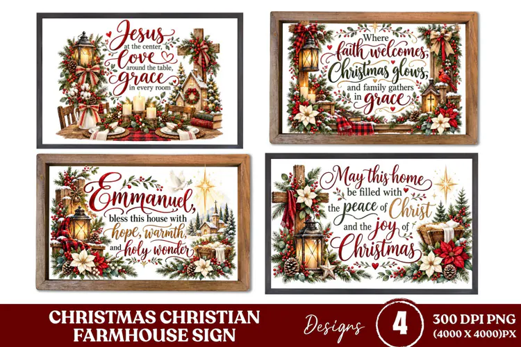 4 Christian Christmas Farmhouse Sign PNGs, 4 Rustic Christma