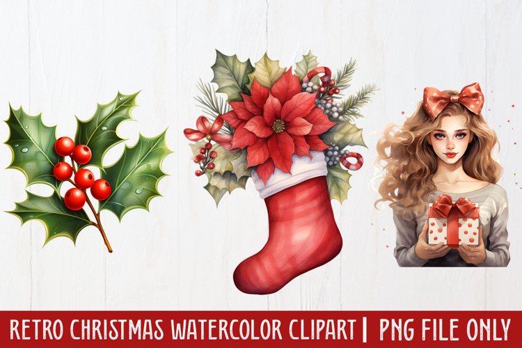 Retro Christmas Watercolor Clipart, Vintage Christmas PNG