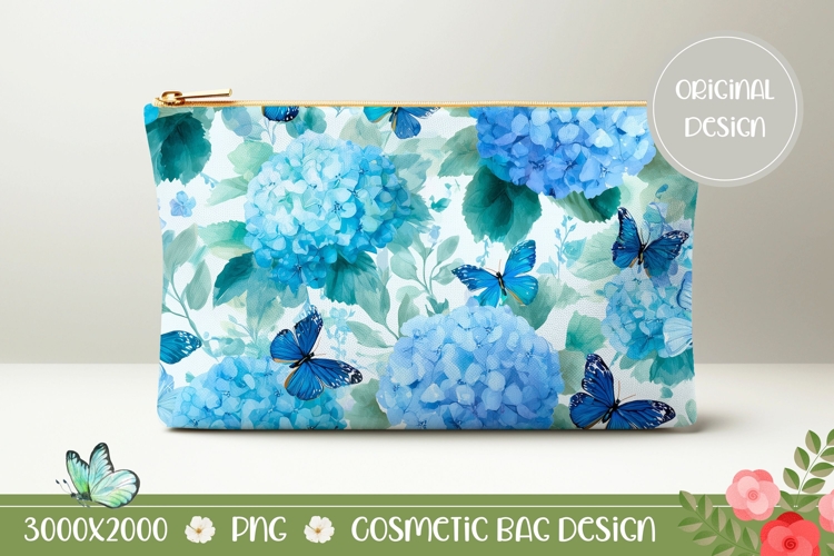 Hydrangea Cosmetic Bag PNG, Butterfly Cosmetic Bag Template