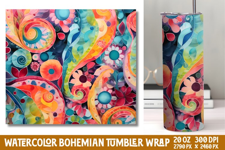 Seamless Watercolor Bohemian Tumbler Wrap