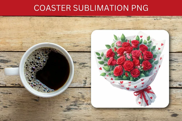 valentine square coaster - red roses bouquet
