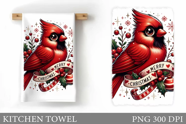 Cute Cardinal Kitchen Towel. Christmas Bird Kitchen Towel