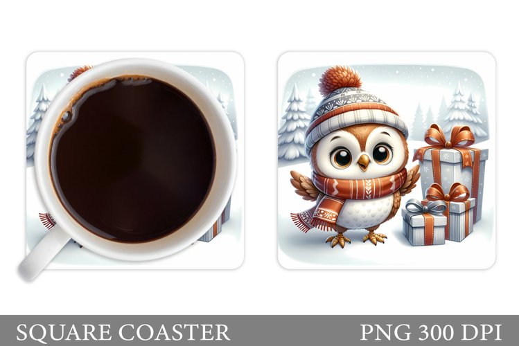 Christmas Owl Coaster Sublimation. Christmas Coaster Design example image 1