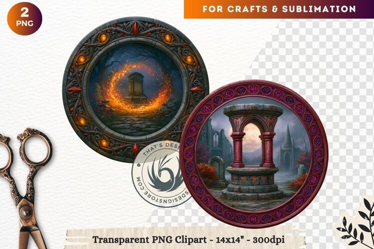 Dark Fantasy Halloween Witches Medallion Clipart sublimation example image 1