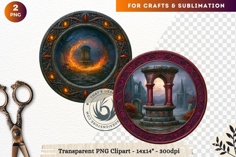 Dark Fantasy Halloween Witches Medallion Clipart sublimation