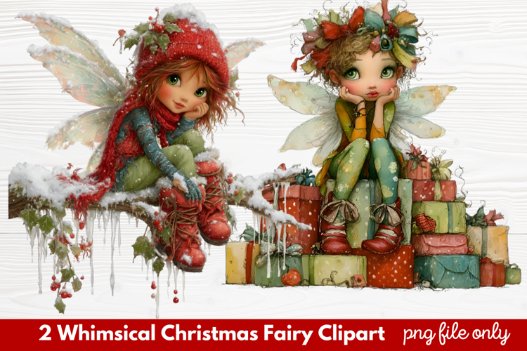 2 Whimsical Christmas Fairy Clipart | Cute Holiday Fairy PNG
