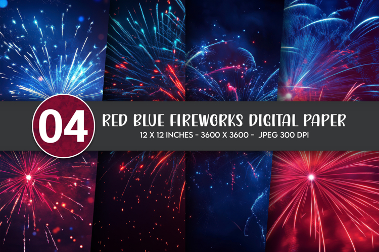 Red Blue Fireworks Digital Paper