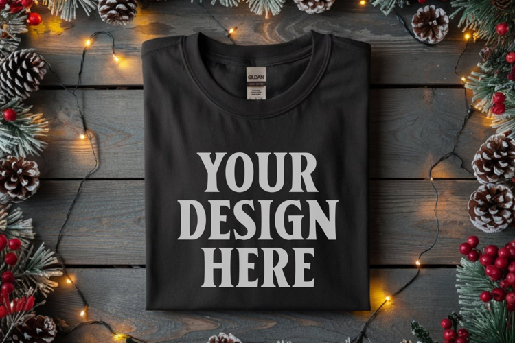 Gildan 64000 Black Folded Christmas Flat Lay T-shirt Mockup