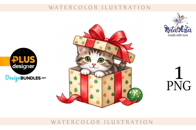 Christmas Kitten in Watercolor Style example image 1