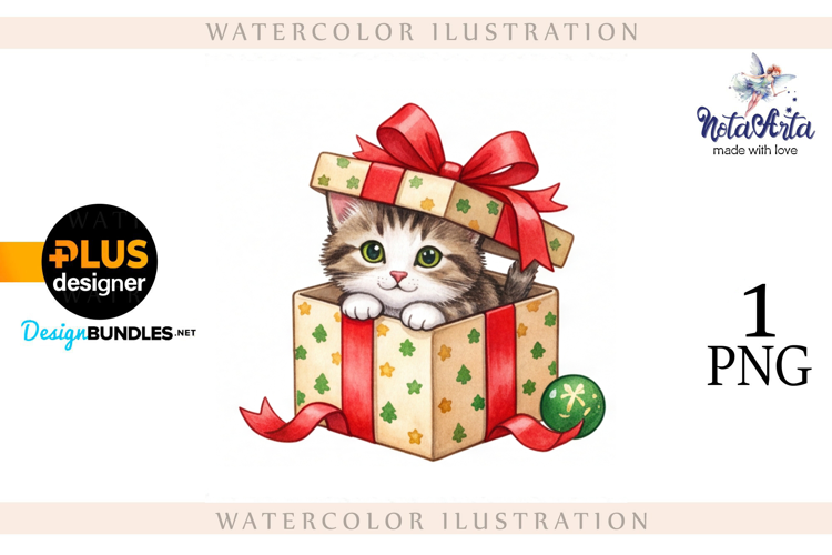 Christmas Kitten in Watercolor Style