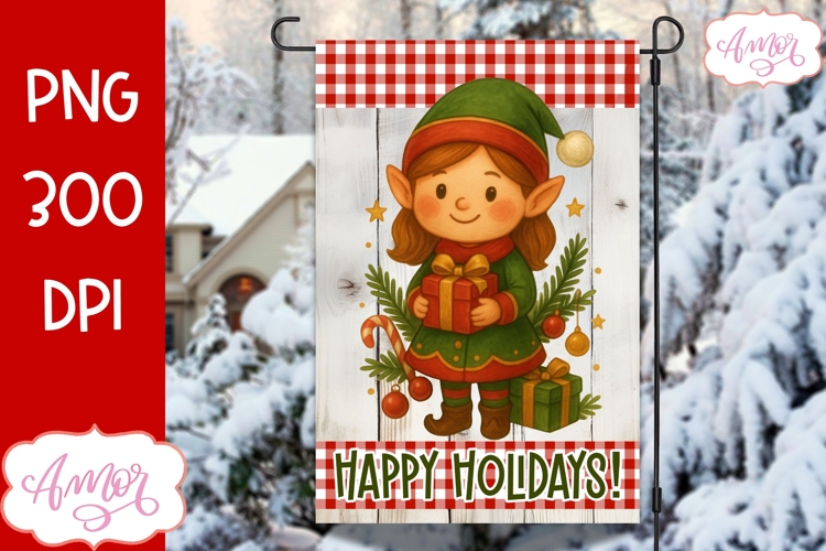 Christmas garden flag PNG, Cute Christmas Elf design