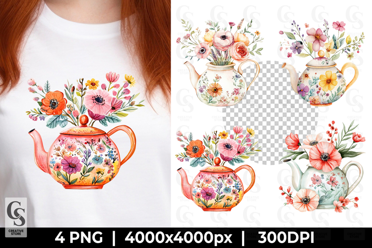 Vintage Floral Teapot Clipart Sublimation PNG