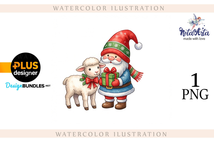 Christmas Gnome Santa with a Sheep in Watercolor Style
