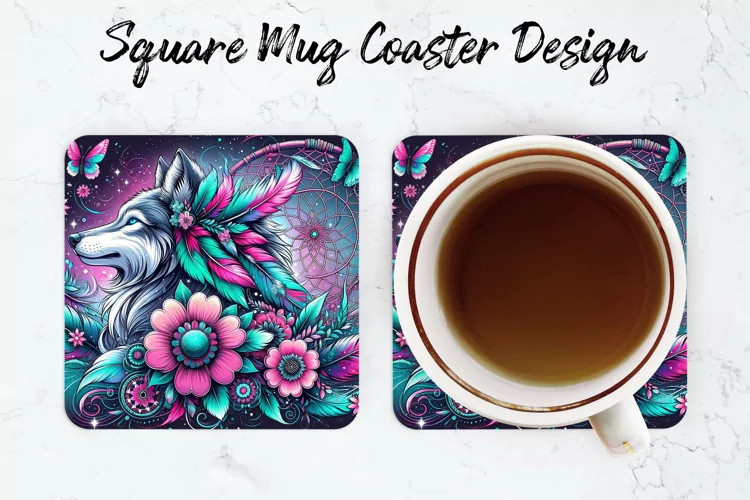 Wolf & Flowers Mug coaster | Coaster | Sublimation