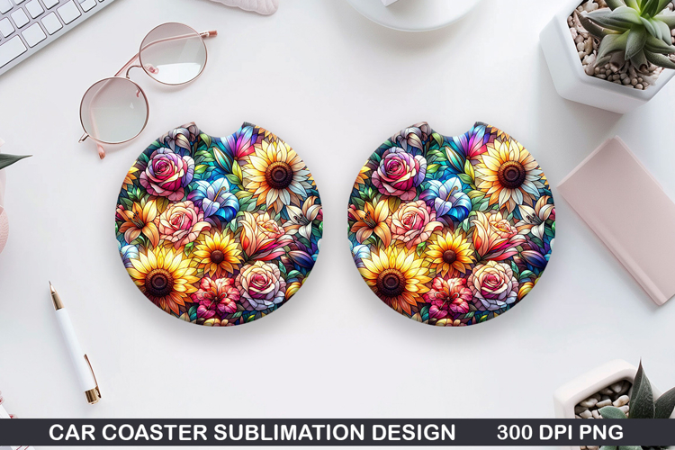 Flower Car coaster sublimation, Summer Coaster PNG Design example image 1