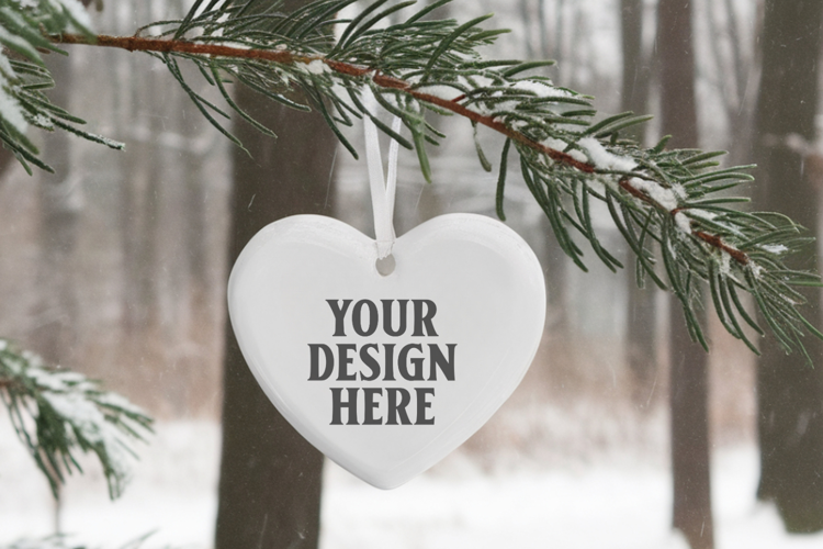 Romantic Christmas Ceramic Heart Ornament Mockup | Holiday