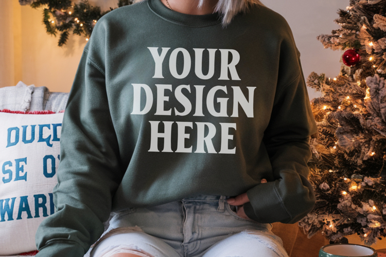 Comfort Colors 1566 Blue Spruce Sweatshirt Mockup Real Model
