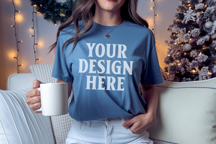 Comfort Colors 1717 Blue Jean Christmas T-Shirt Mockup, Boho