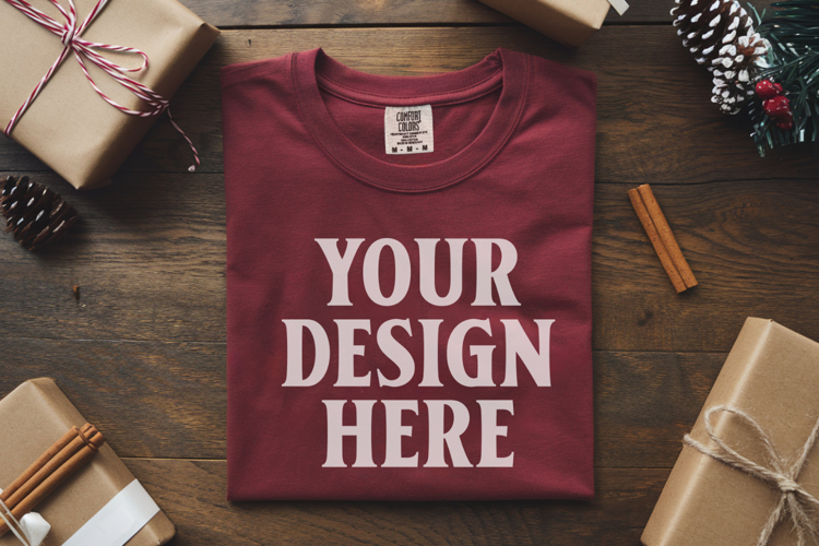 Crimson Comfort Colors 1717 Christmas Folded T-Shirt Mockup