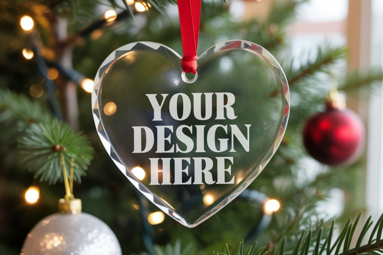 Christmas Heart Crystal Glass Ornament Mockups