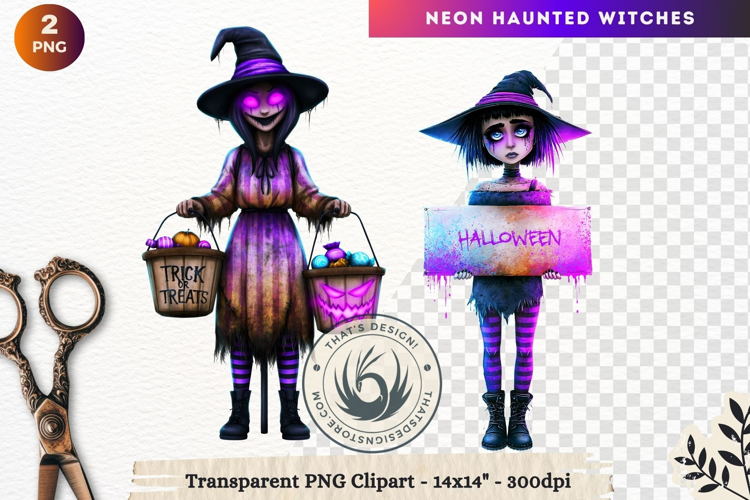 Neon Haunted Witches Clipart, Spooky Kawaii Halloween PNG