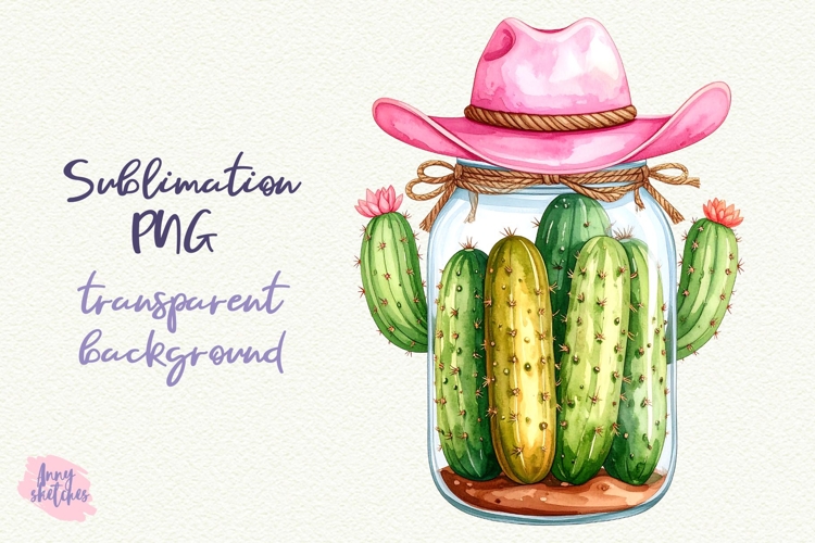 Pickle Jar Pink Cowboy Kawaii Cactus Sublimation Design