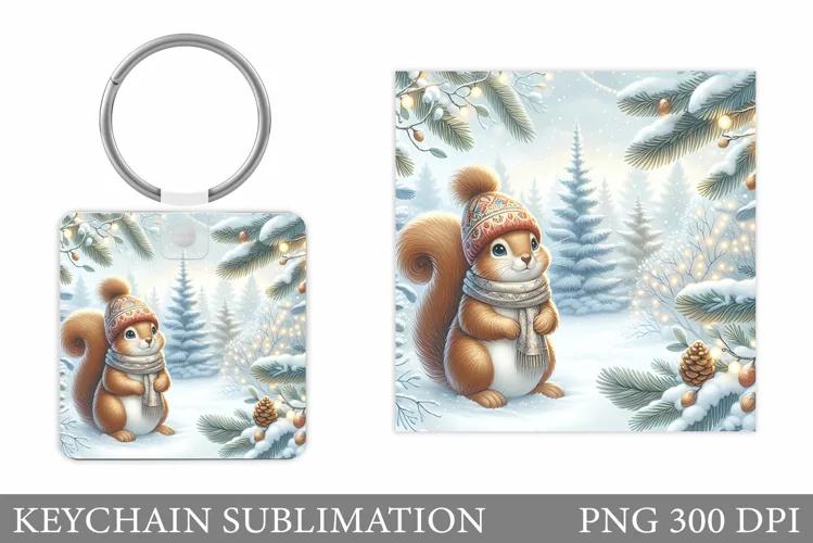 Cute Squirrel Keychain. Christmas Keychain Sublimation